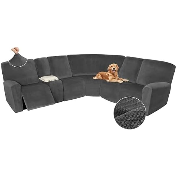 Sectional Recliner Couch Covers Velvet Washable Corner Sectional Sofa Cover for Reclining Stretch Soft Thick L Shape Recliner Slipcover Set (5 Seat with 1 Console Cover, Charcoal Gray)