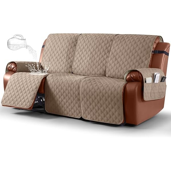 Waterproof Recliner Couch Covers Sofa Slipcovers Washable 1-Piece Recliner Covers Non-Slip Furniture Protector with Elastic Straps Pocket for Kids, Pets (Light Brown, 3 Seater)
