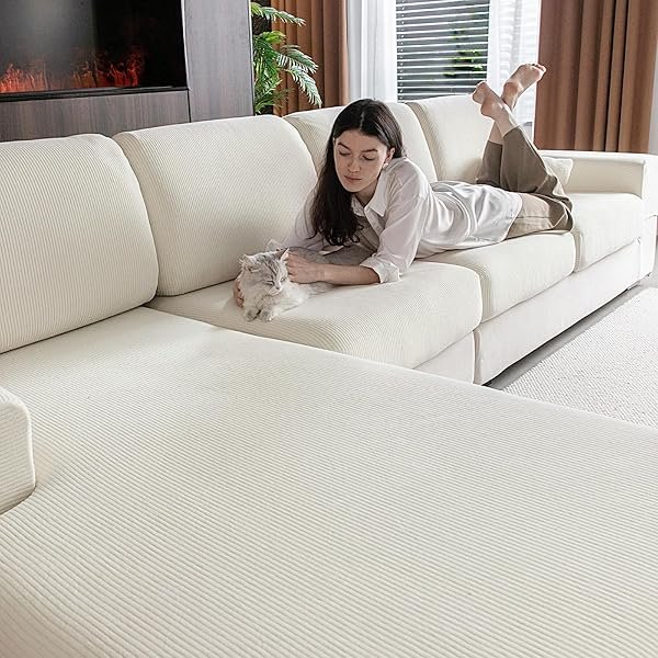 Sectional Couch Covers, Wear Resistant Stretch Sofa Covers Washable Soft Couch Cushion Covers Anti Slip Furniture Protector Sofa Slipcovers for Pets (1 Piece Back Couch Cover, Ivory)