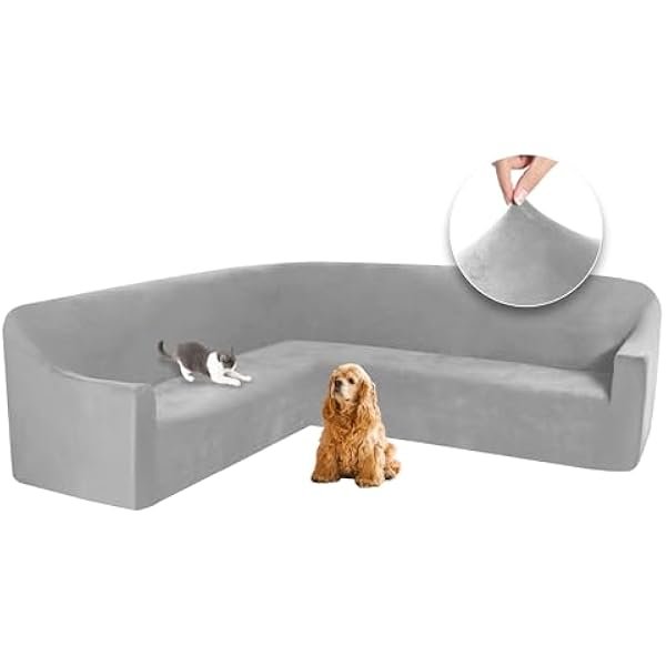 L Shape Couch Covers Velvet Stretch Sectional Corner Sofa Cover Washable Soft Thick U Shaped Sofa Slipcovers for Dogs Pets Magic Furniture Protector with Non Slip Foam (Light Grey, Large)