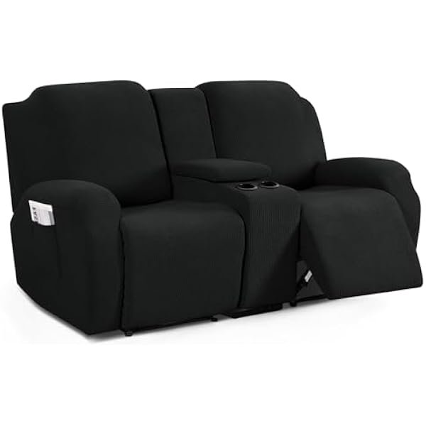 Loveseat Recliner Cover with Middle Console, Stretch Loveseat Cover for 2 Seat Recliner Couch, Jacquard Reclining Sofa Covers Loveseat Slipcover Furniture Protector, Black