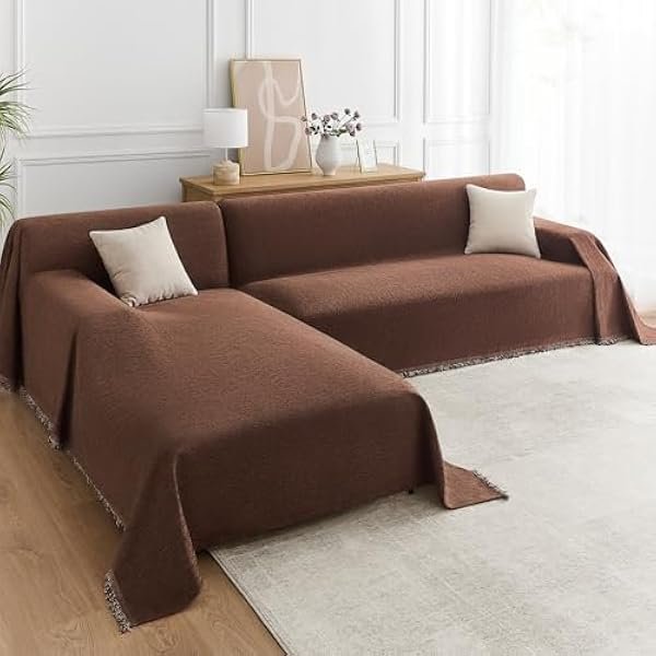 Sectional Couch Covers 2-Piece Set for L-Shaped Sofas, Pet Friendly Washable Furniture Protector, Chenille Couch Blanket Fits 2-3 Cushion Couches(71"x118"+71"x118", Coffee)
