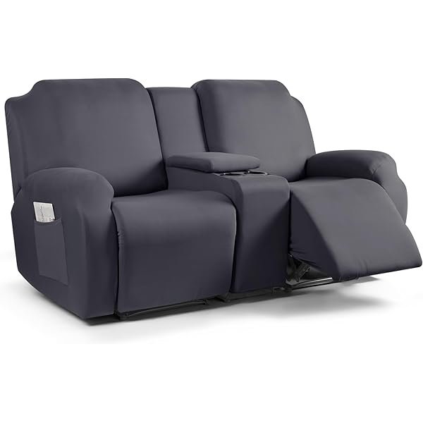Reclining Loveseat with Middle Console Slipcover, 4 Piece Polyester Fabric Stretch Loveseat Reclining Sofa Covers (Dark Gray, 2 Seat Recliner Cover with Console)