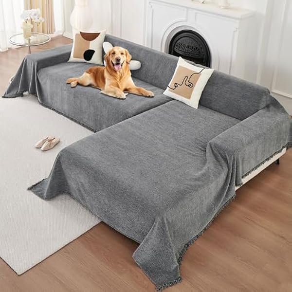 Sectional Couch Covers L Shape 2 Pieces Washable L Shaped Couch Covers for Sectional Sofa Non Slip Couch Cover Blanket for Dogs Pet Friendly Furniture Protector (Grey, 71"x118" + 71"x118")