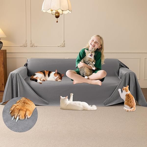 Velvet Sofa Cover, Ultra Soft Waterproof Non-Slip Couch Cover for Pets, Cat-Scratch Resistant Couch Cover, Pet & Kid Proof Scratch & Hair Resistant Washable Furniture Protector 150"X91" Grey